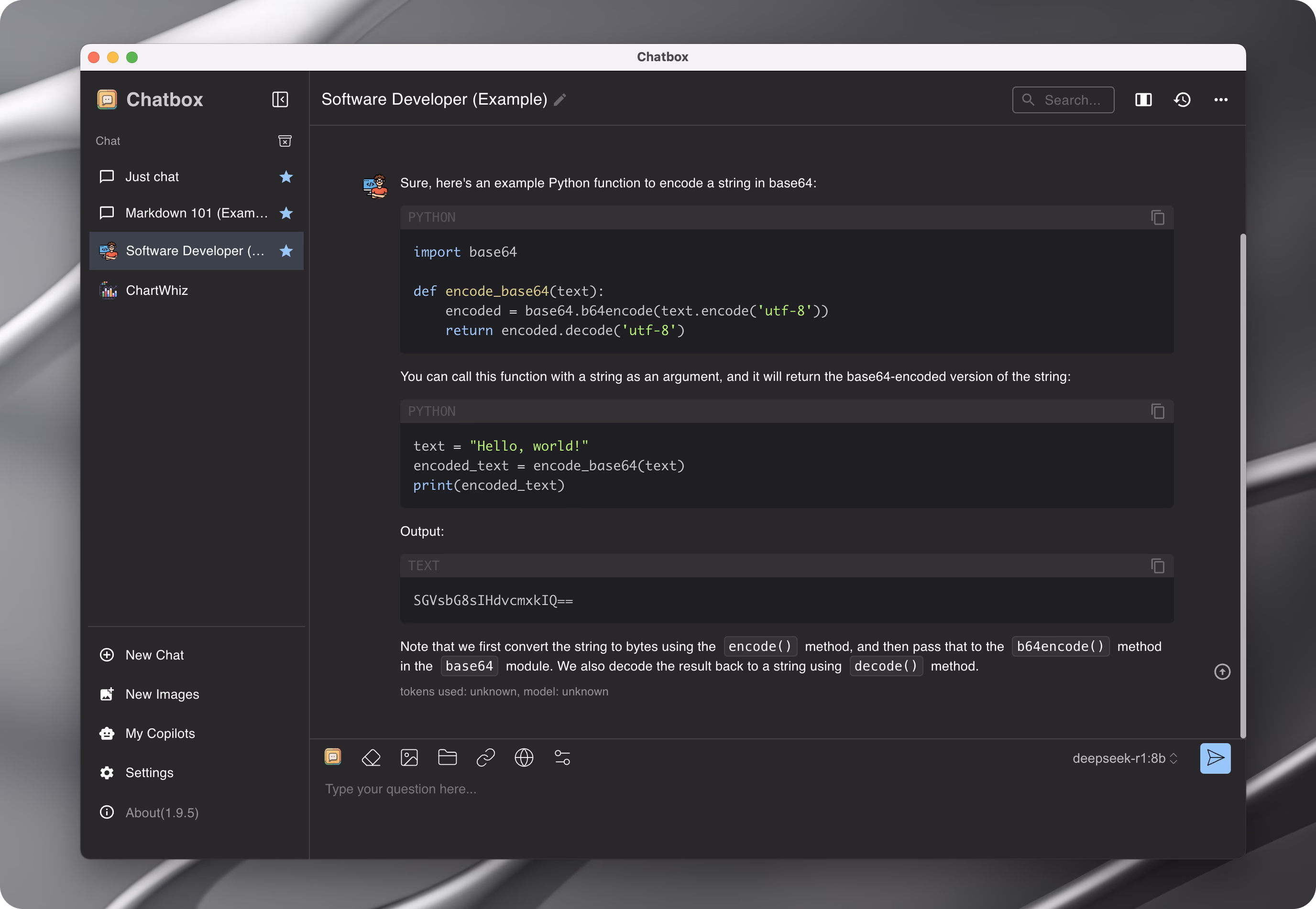Chatbox UI configured to use the local DeepSeek model