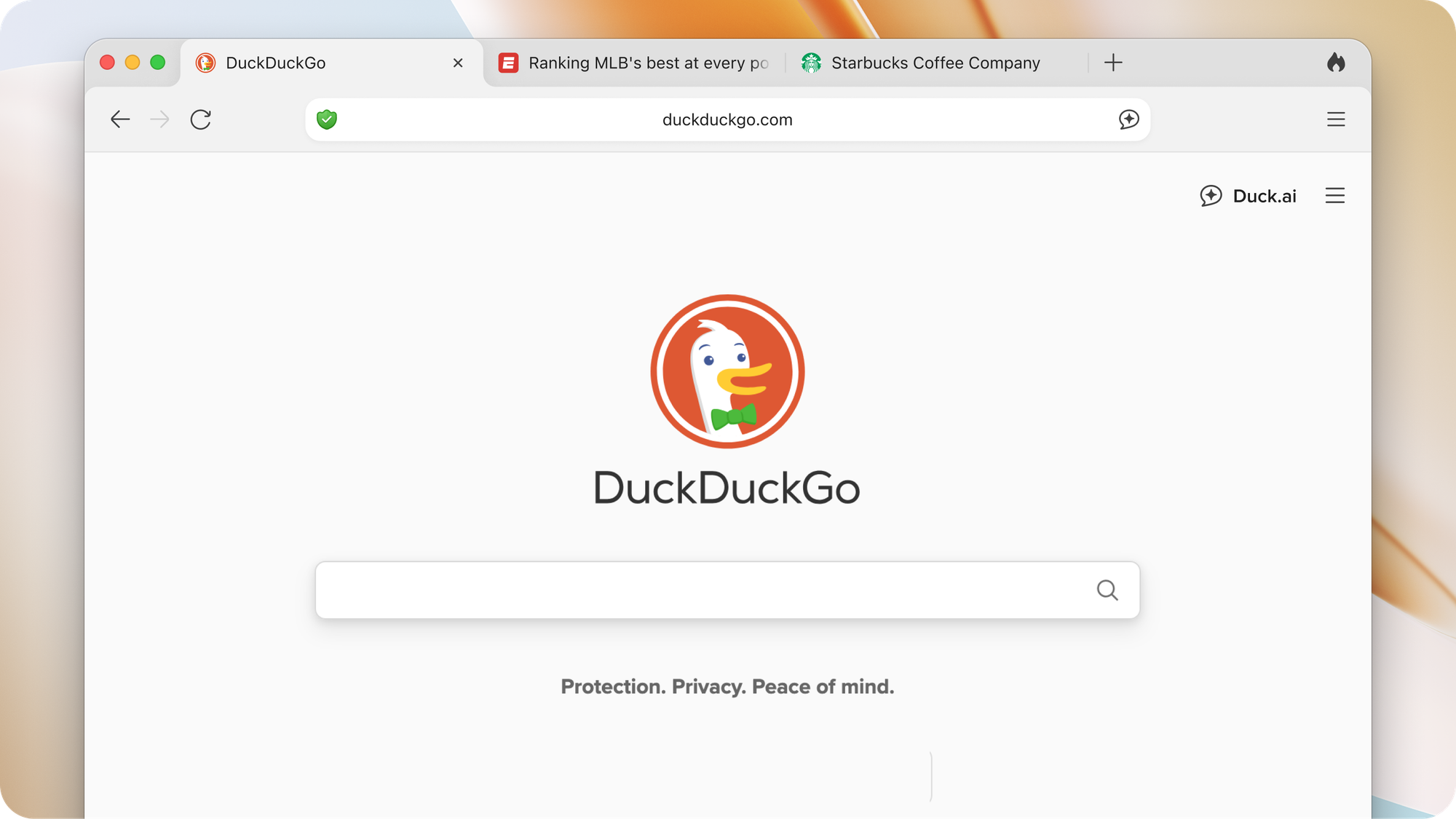 DuckDuckGo's redesigned browser homepage with privacy-first search