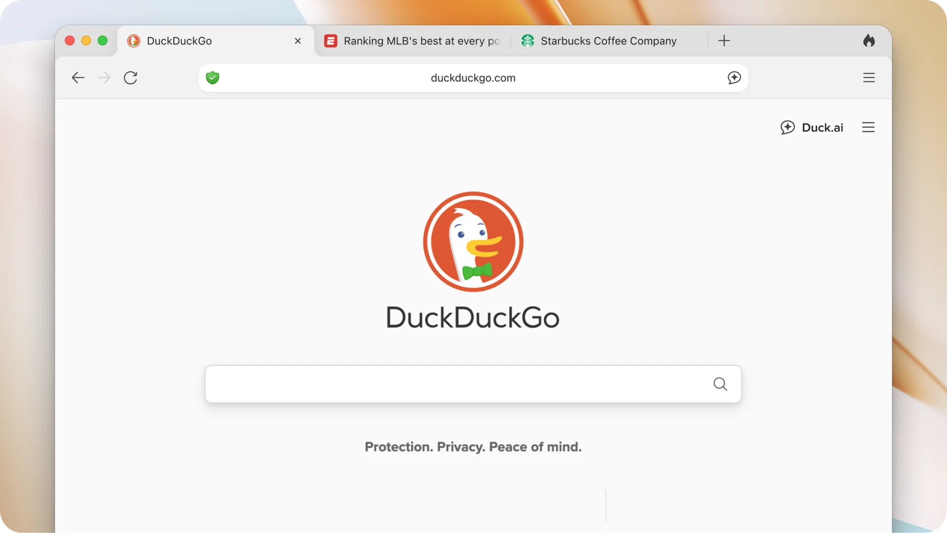 DuckDuckGo's redesigned browser homepage with privacy-first search