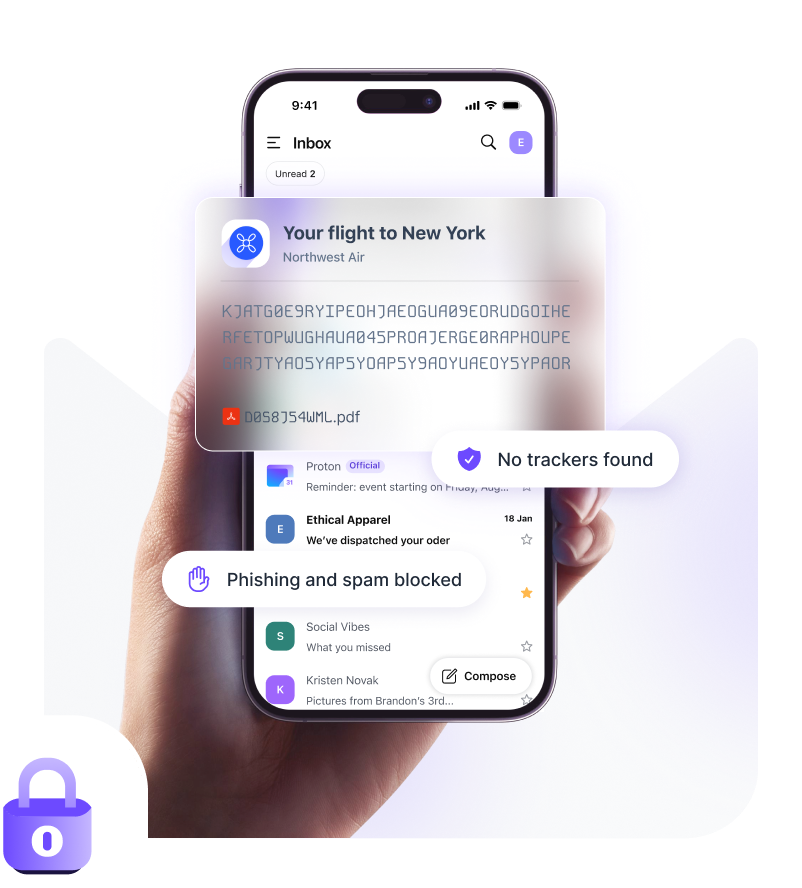 Proton Mail mobile interface showing encrypted inbox