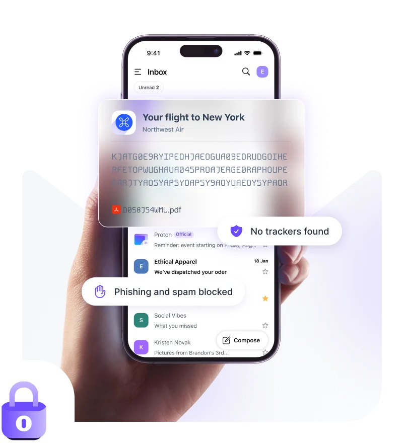 Proton Mail mobile interface showing encrypted inbox