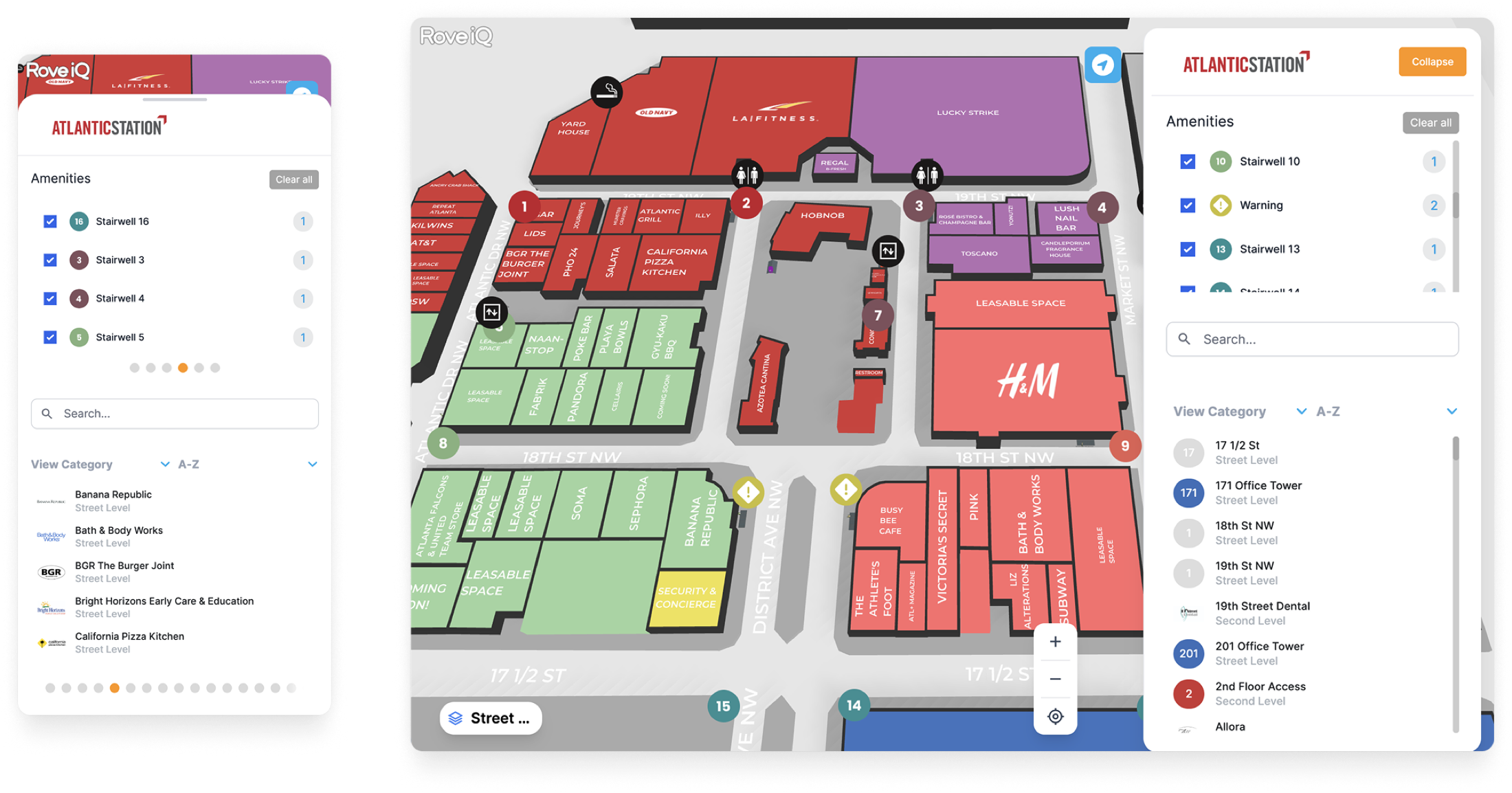 RoveiQ responsive amenities layout across mobile and desktop