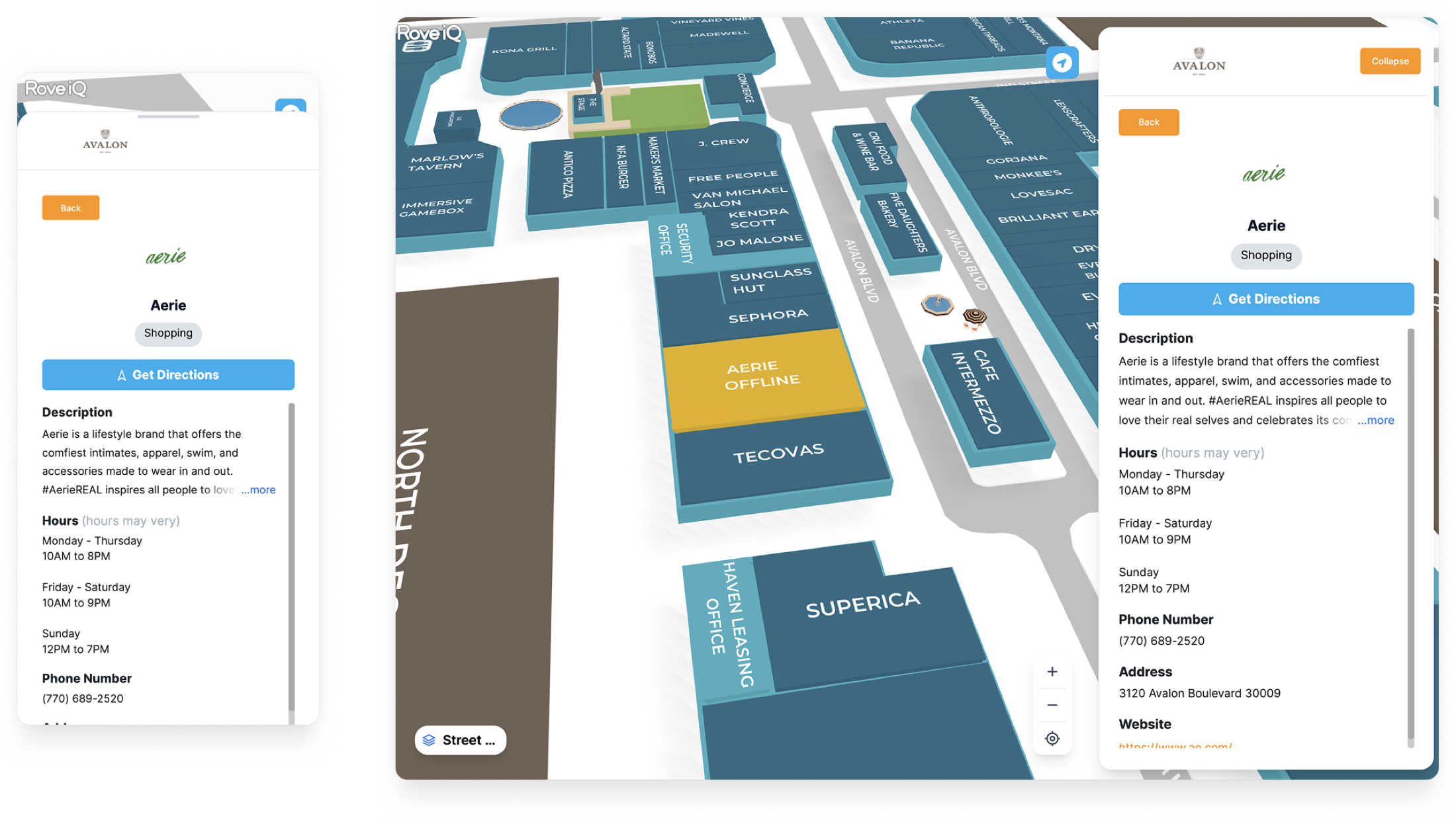 RoveiQ location detail view across mobile and desktop